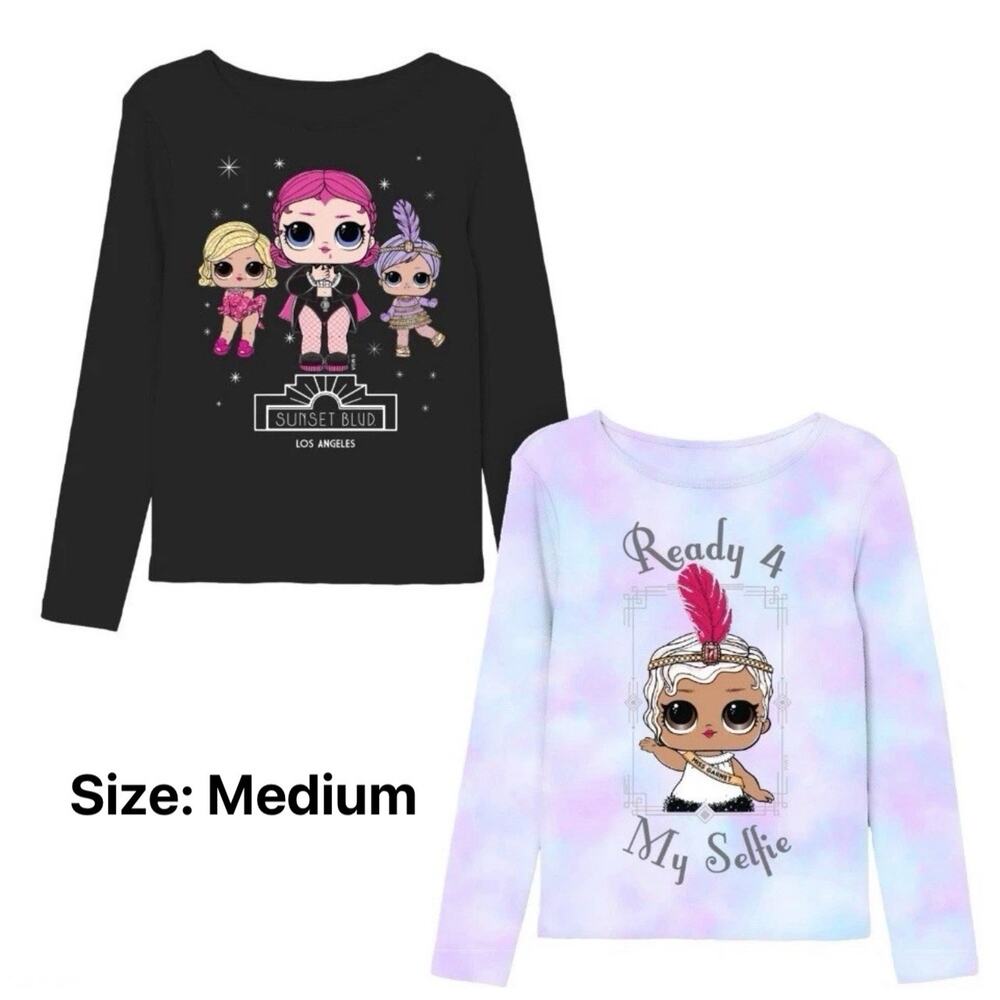 LOL Surprise Girls 2-Pack Long Sleeve Cute Top Shirts Cute Black & Purple, M
